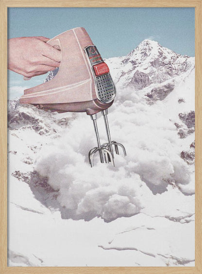 A surreal collage featuring a hand holding a vintage pink electric mixer, with its beaters plunged into a fluffy white cloud, set against a backdrop of snow-covered mountains. Poster