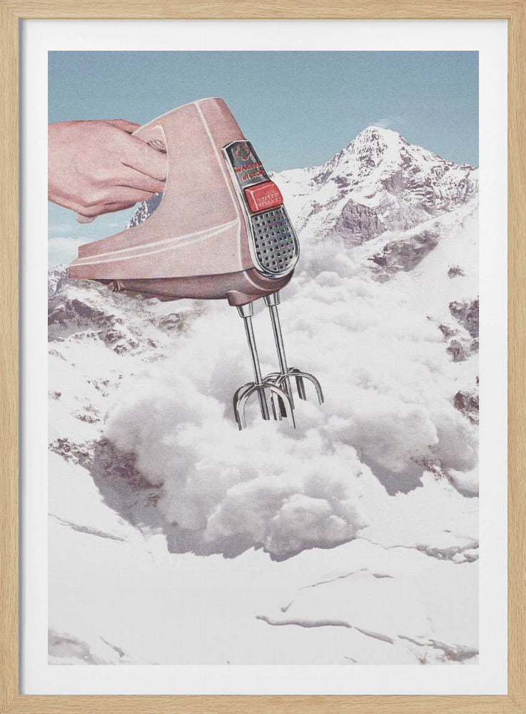 A surreal collage featuring a hand holding a vintage pink electric mixer, with its beaters plunged into a fluffy white cloud, set against a backdrop of snow-covered mountains. Poster