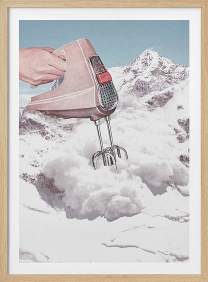 A surreal collage featuring a hand holding a vintage pink electric mixer, with its beaters plunged into a fluffy white cloud, set against a backdrop of snow-covered mountains. Poster