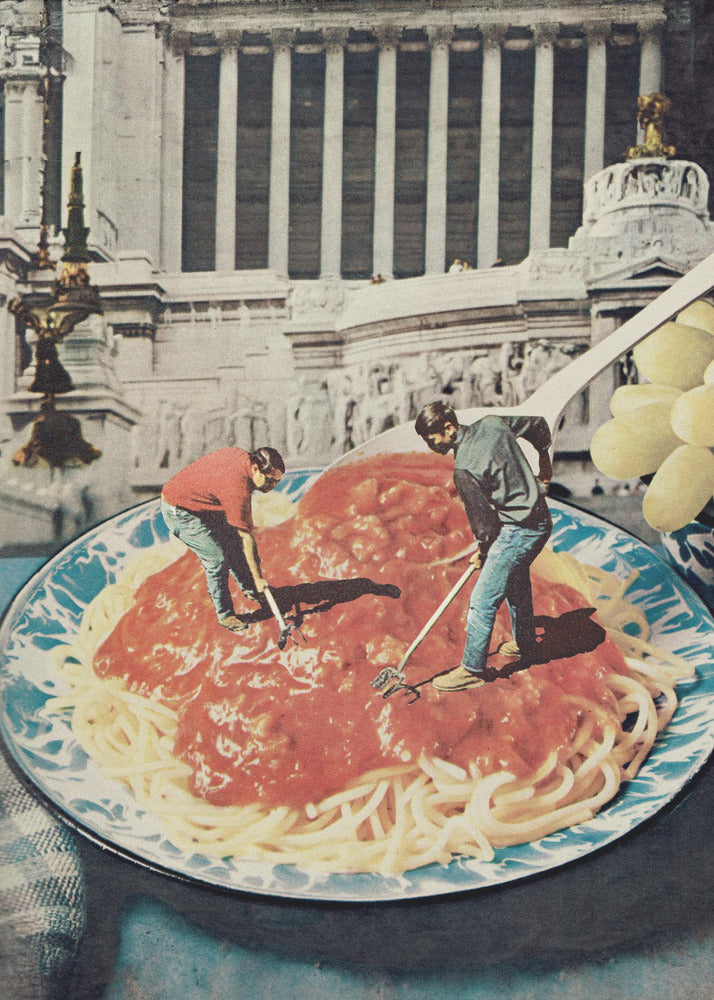 A surreal vintage collage depicting two miniature men using garden tools, like a rake and a hoe, to work on a giant plate of spaghetti with red sauce, set against the backdrop of a classical Roman building. Artwork