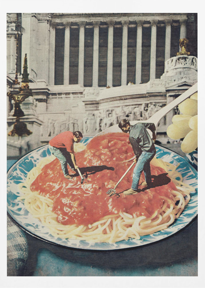 A surreal vintage collage depicting two miniature men using garden tools, like a rake and a hoe, to work on a giant plate of spaghetti with red sauce, set against the backdrop of a classical Roman building. Artwork