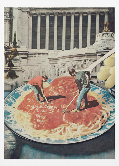 A surreal vintage collage depicting two miniature men using garden tools, like a rake and a hoe, to work on a giant plate of spaghetti with red sauce, set against the backdrop of a classical Roman building. Artwork