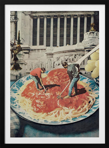 A surreal vintage collage depicting two miniature men using garden tools, like a rake and a hoe, to work on a giant plate of spaghetti with red sauce, set against the backdrop of a classical Roman building. Artwork