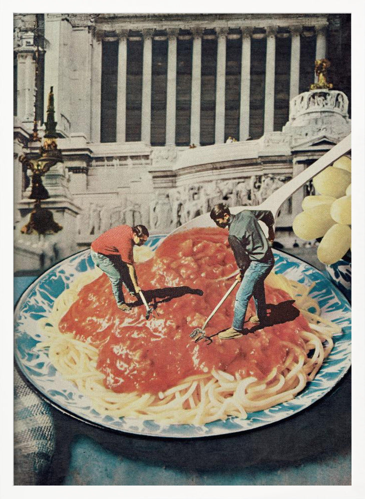 A surreal vintage collage depicting two miniature men using garden tools, like a rake and a hoe, to work on a giant plate of spaghetti with red sauce, set against the backdrop of a classical Roman building. Artwork