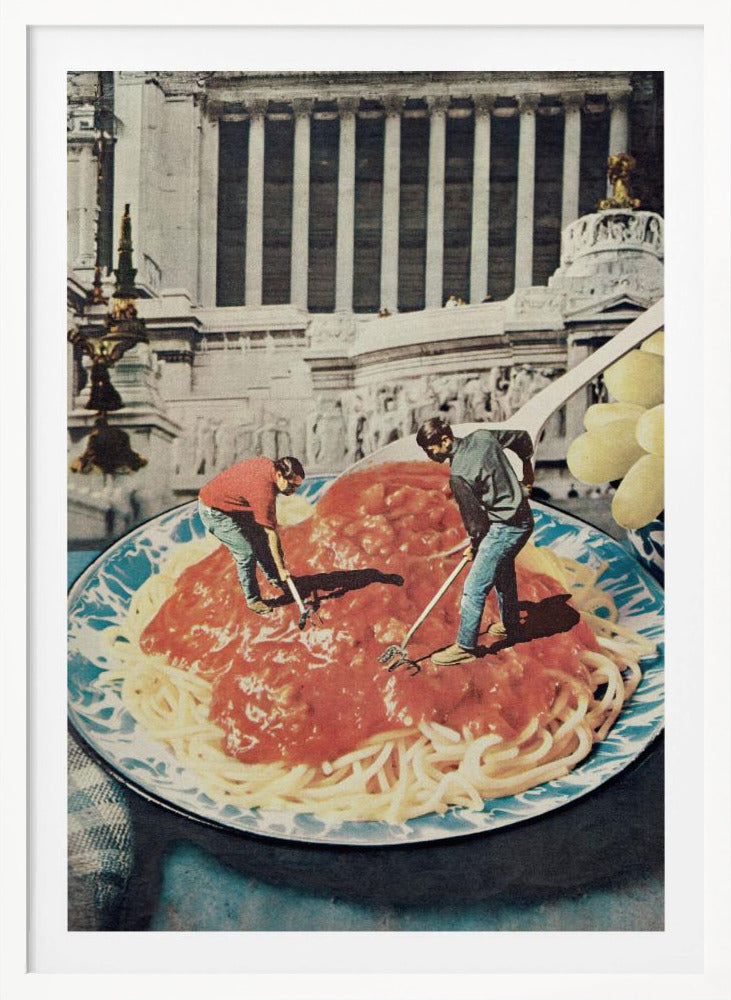 A surreal vintage collage depicting two miniature men using garden tools, like a rake and a hoe, to work on a giant plate of spaghetti with red sauce, set against the backdrop of a classical Roman building. Artwork