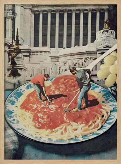 A surreal vintage collage depicting two miniature men using garden tools, like a rake and a hoe, to work on a giant plate of spaghetti with red sauce, set against the backdrop of a classical Roman building. Artwork