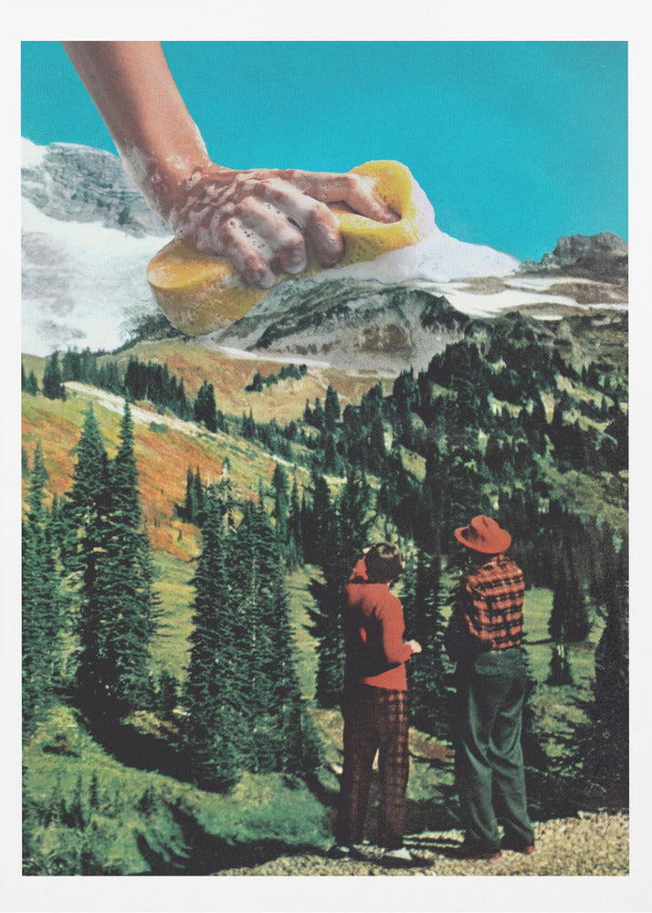 A surrealist collage featuring two people in vintage attire standing in a lush, green mountain landscape. Above them, a giant, soapy hand emerges from the top of the frame, washing the snow-capped mountain peaks with a yellow sponge against a bright blue sky. Print