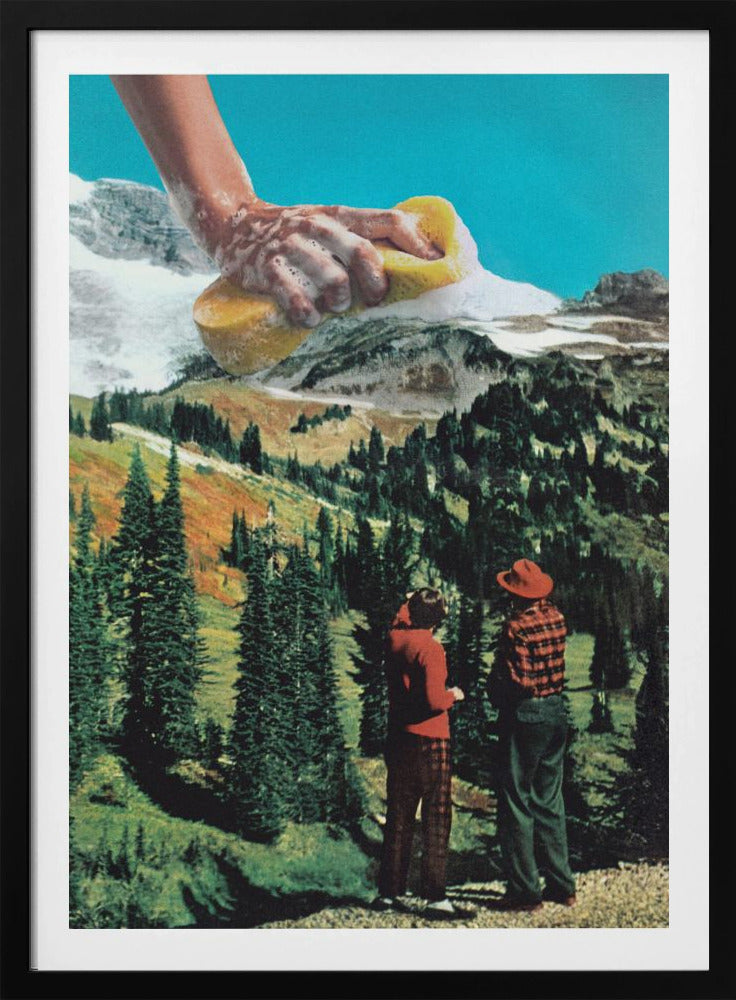 A surrealist collage featuring two people in vintage attire standing in a lush, green mountain landscape. Above them, a giant, soapy hand emerges from the top of the frame, washing the snow-capped mountain peaks with a yellow sponge against a bright blue sky. Print