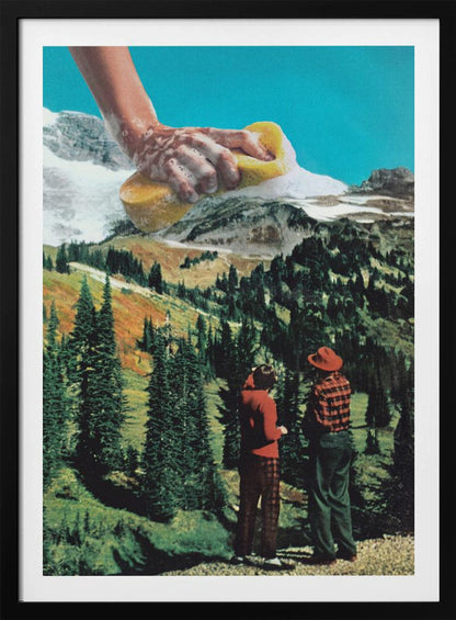 A surrealist collage featuring two people in vintage attire standing in a lush, green mountain landscape. Above them, a giant, soapy hand emerges from the top of the frame, washing the snow-capped mountain peaks with a yellow sponge against a bright blue sky. Print
