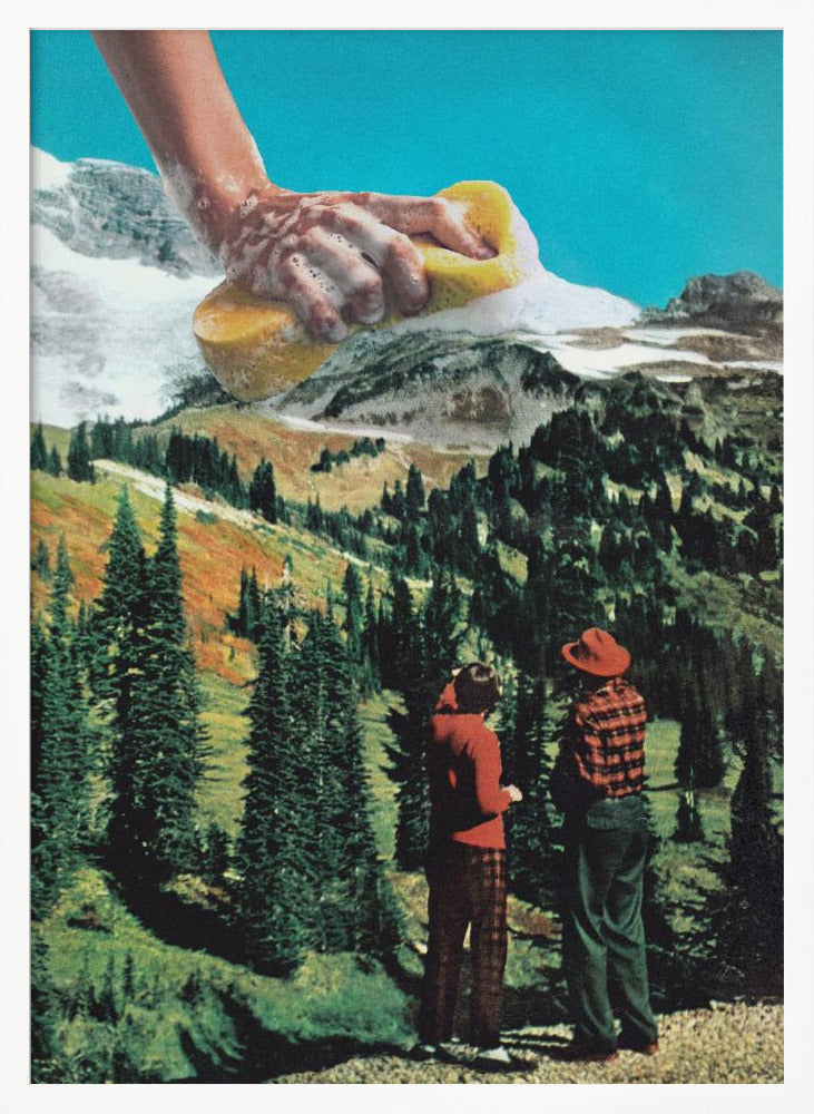 A surrealist collage featuring two people in vintage attire standing in a lush, green mountain landscape. Above them, a giant, soapy hand emerges from the top of the frame, washing the snow-capped mountain peaks with a yellow sponge against a bright blue sky. Print