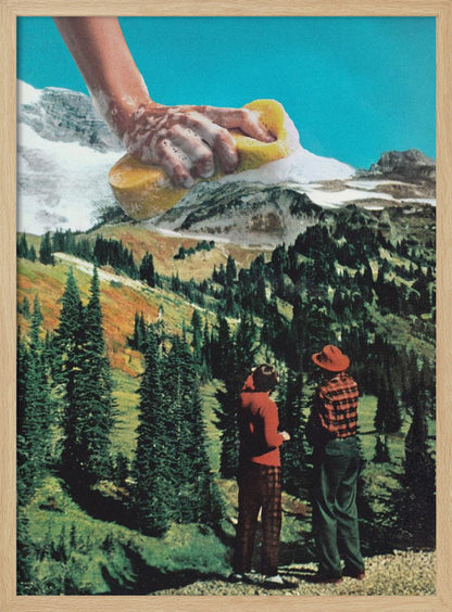 A surrealist collage featuring two people in vintage attire standing in a lush, green mountain landscape. Above them, a giant, soapy hand emerges from the top of the frame, washing the snow-capped mountain peaks with a yellow sponge against a bright blue sky. Print