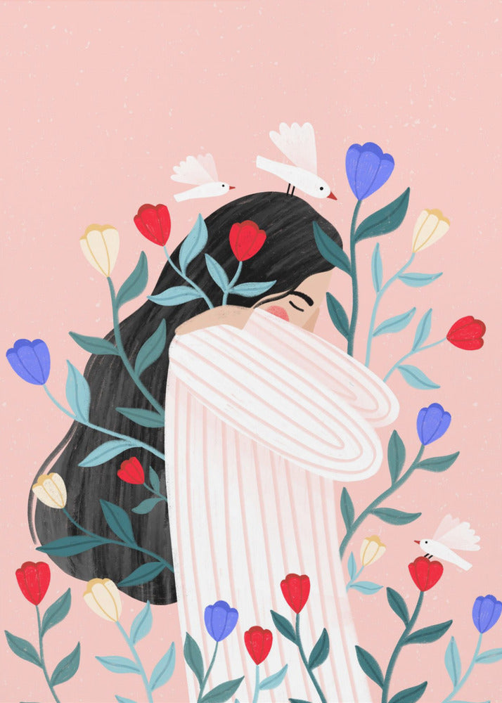 An illustration of a woman with long black hair hugging herself with closed eyes, surrounded by red, blue, and yellow flowers and small white birds against a soft pink background. Poster