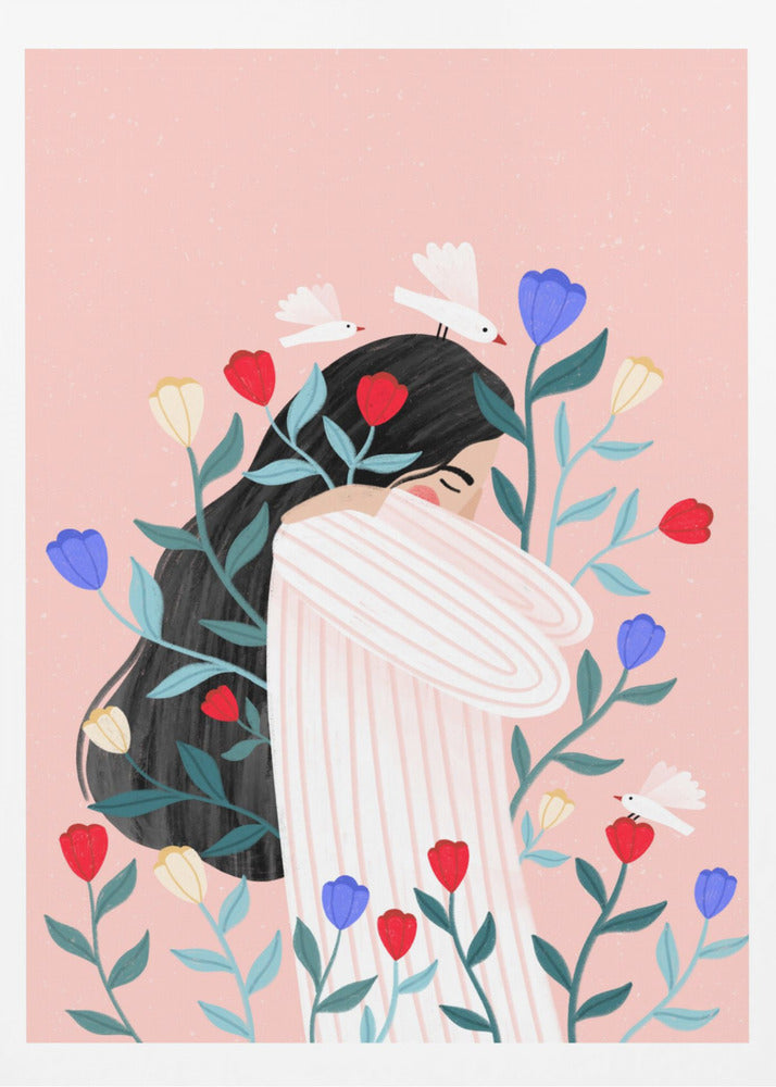 An illustration of a woman with long black hair hugging herself with closed eyes, surrounded by red, blue, and yellow flowers and small white birds against a soft pink background. Poster