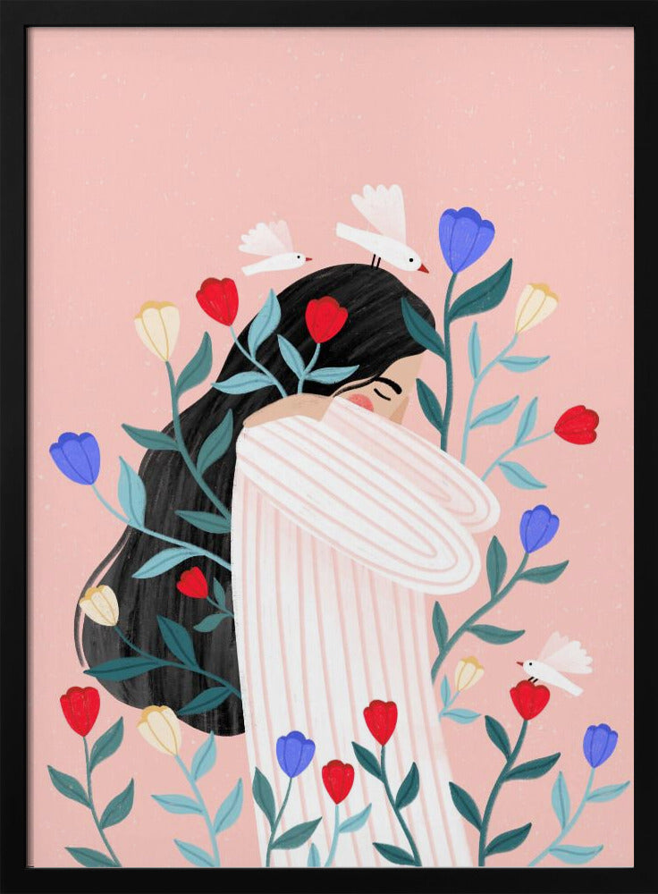An illustration of a woman with long black hair hugging herself with closed eyes, surrounded by red, blue, and yellow flowers and small white birds against a soft pink background. Poster