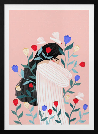 An illustration of a woman with long black hair hugging herself with closed eyes, surrounded by red, blue, and yellow flowers and small white birds against a soft pink background. Poster