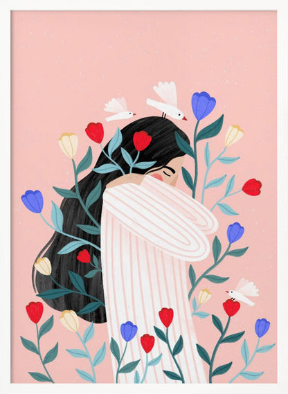 An illustration of a woman with long black hair hugging herself with closed eyes, surrounded by red, blue, and yellow flowers and small white birds against a soft pink background. Poster
