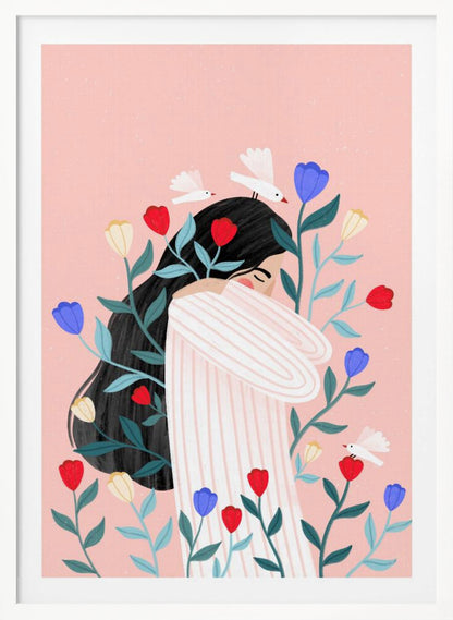 An illustration of a woman with long black hair hugging herself with closed eyes, surrounded by red, blue, and yellow flowers and small white birds against a soft pink background. Poster