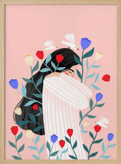 An illustration of a woman with long black hair hugging herself with closed eyes, surrounded by red, blue, and yellow flowers and small white birds against a soft pink background. Poster