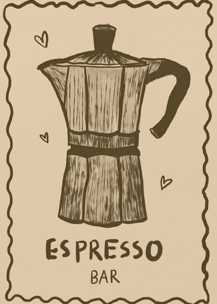 A vintage-style art print featuring a hand-drawn illustration of a moka pot in brown on a beige background. The poster has a decorative wavy border, small hearts around the coffee pot, and text below that reads 'ESPRESSO BAR'. The entire piece is enclosed in a simple black frame. Wall Art