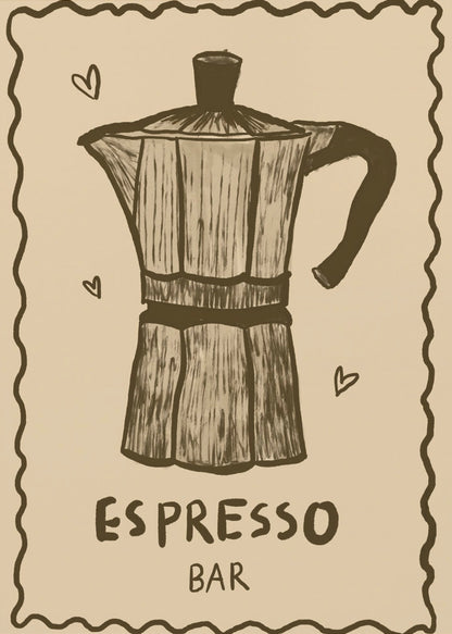 A vintage-style art print featuring a hand-drawn illustration of a moka pot in brown on a beige background. The poster has a decorative wavy border, small hearts around the coffee pot, and text below that reads 'ESPRESSO BAR'. The entire piece is enclosed in a simple black frame. Wall Art