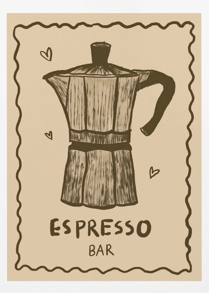 A vintage-style art print featuring a hand-drawn illustration of a moka pot in brown on a beige background. The poster has a decorative wavy border, small hearts around the coffee pot, and text below that reads 'ESPRESSO BAR'. The entire piece is enclosed in a simple black frame. Wall Art