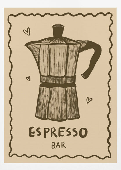 A vintage-style art print featuring a hand-drawn illustration of a moka pot in brown on a beige background. The poster has a decorative wavy border, small hearts around the coffee pot, and text below that reads 'ESPRESSO BAR'. The entire piece is enclosed in a simple black frame. Wall Art