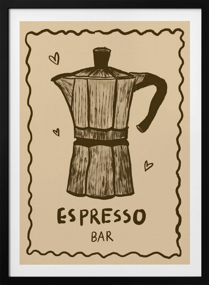 A vintage-style art print featuring a hand-drawn illustration of a moka pot in brown on a beige background. The poster has a decorative wavy border, small hearts around the coffee pot, and text below that reads 'ESPRESSO BAR'. The entire piece is enclosed in a simple black frame. Wall Art