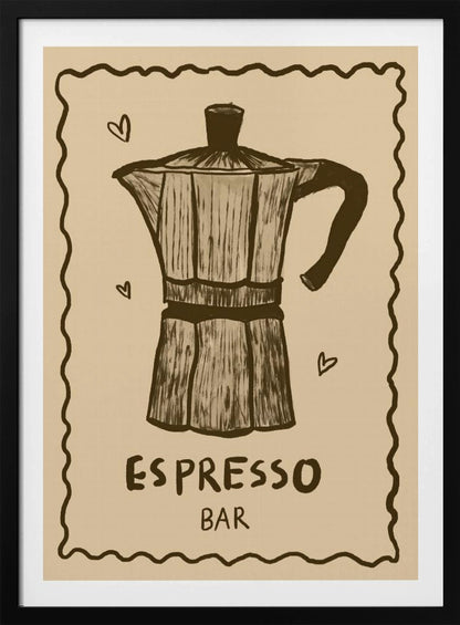 A vintage-style art print featuring a hand-drawn illustration of a moka pot in brown on a beige background. The poster has a decorative wavy border, small hearts around the coffee pot, and text below that reads 'ESPRESSO BAR'. The entire piece is enclosed in a simple black frame. Wall Art