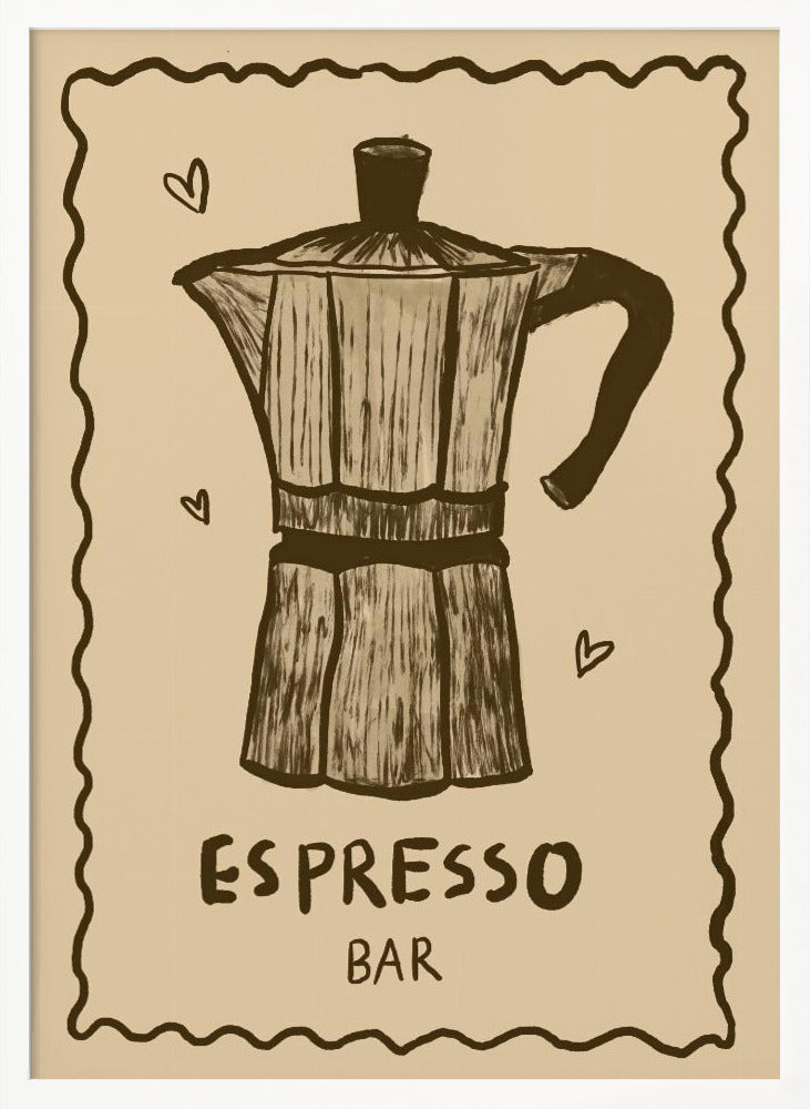 A vintage-style art print featuring a hand-drawn illustration of a moka pot in brown on a beige background. The poster has a decorative wavy border, small hearts around the coffee pot, and text below that reads 'ESPRESSO BAR'. The entire piece is enclosed in a simple black frame. Wall Art