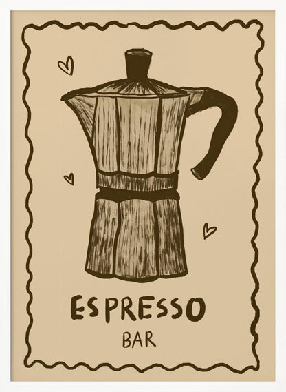 A vintage-style art print featuring a hand-drawn illustration of a moka pot in brown on a beige background. The poster has a decorative wavy border, small hearts around the coffee pot, and text below that reads 'ESPRESSO BAR'. The entire piece is enclosed in a simple black frame. Wall Art