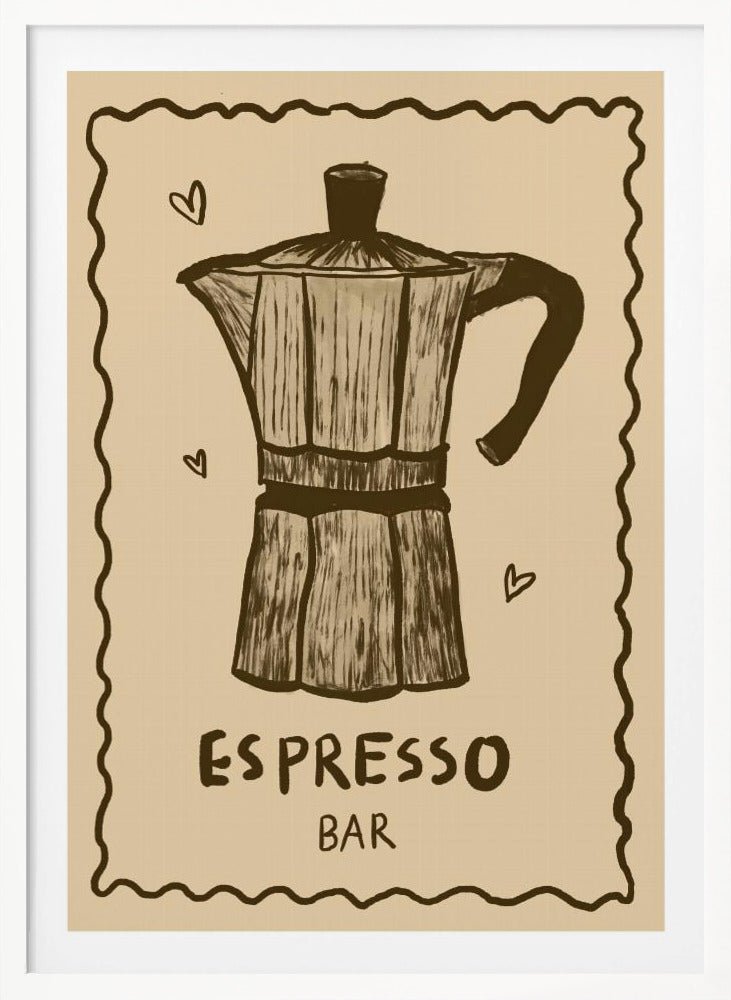A vintage-style art print featuring a hand-drawn illustration of a moka pot in brown on a beige background. The poster has a decorative wavy border, small hearts around the coffee pot, and text below that reads 'ESPRESSO BAR'. The entire piece is enclosed in a simple black frame. Wall Art