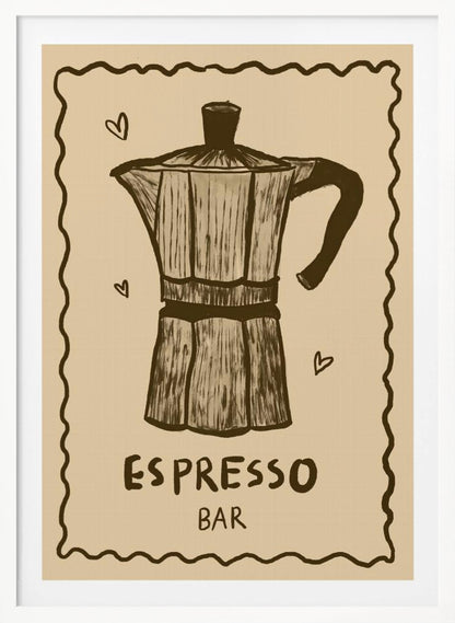 A vintage-style art print featuring a hand-drawn illustration of a moka pot in brown on a beige background. The poster has a decorative wavy border, small hearts around the coffee pot, and text below that reads 'ESPRESSO BAR'. The entire piece is enclosed in a simple black frame. Wall Art