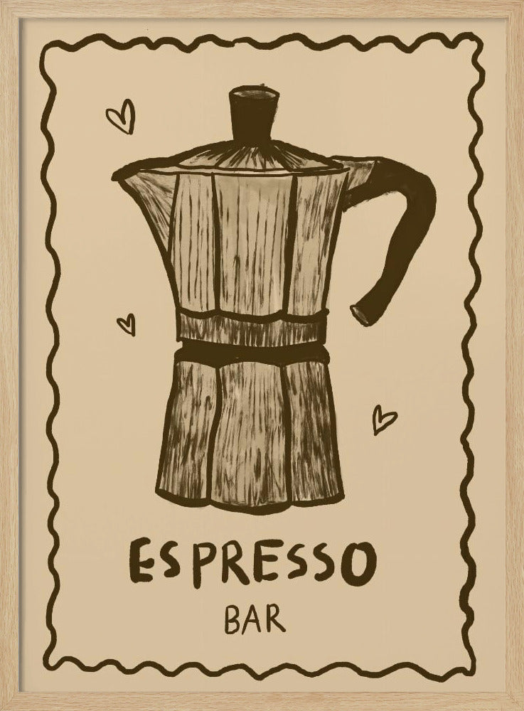 A vintage-style art print featuring a hand-drawn illustration of a moka pot in brown on a beige background. The poster has a decorative wavy border, small hearts around the coffee pot, and text below that reads 'ESPRESSO BAR'. The entire piece is enclosed in a simple black frame. Wall Art