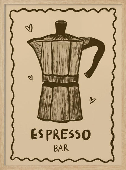 A vintage-style art print featuring a hand-drawn illustration of a moka pot in brown on a beige background. The poster has a decorative wavy border, small hearts around the coffee pot, and text below that reads 'ESPRESSO BAR'. The entire piece is enclosed in a simple black frame. Wall Art