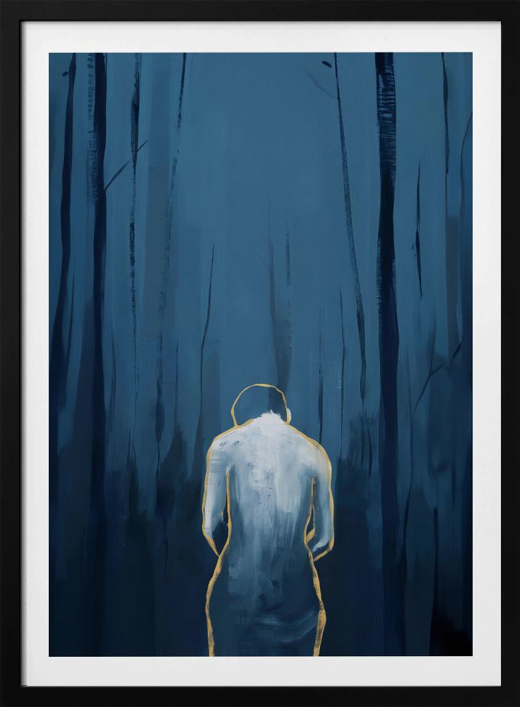 A vertical abstract painting depicting a figure from behind, outlined in gold and filled with white brushstrokes, standing in a dark, moody forest of deep blue and black tree trunks. Print