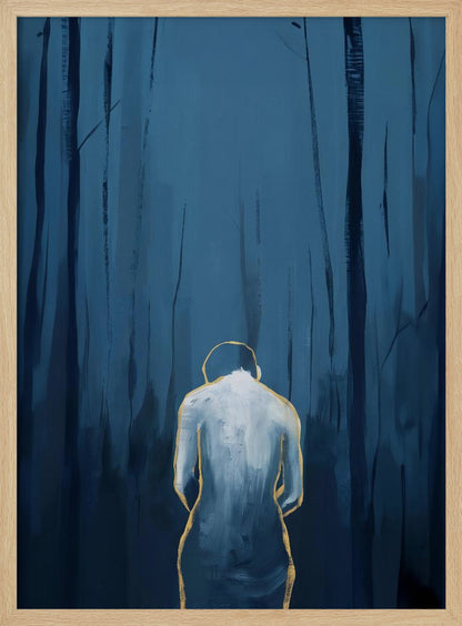 A vertical abstract painting depicting a figure from behind, outlined in gold and filled with white brushstrokes, standing in a dark, moody forest of deep blue and black tree trunks. Print