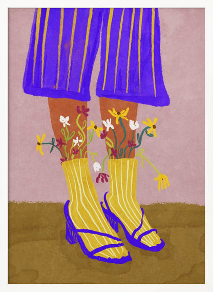 A stylized, colorful illustration focusing on the lower legs and feet of a person wearing vibrant clothing. They have on wide-legged, royal blue trousers with vertical yellow stripes, and yellow socks with white stripes. Small, colorful wildflowers sprout from the tops of their socks. They are wearing bright blue strappy heeled sandals. The background is a soft pink color with a brown floor. Wall Art