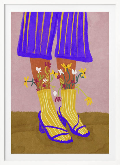 A stylized, colorful illustration focusing on the lower legs and feet of a person wearing vibrant clothing. They have on wide-legged, royal blue trousers with vertical yellow stripes, and yellow socks with white stripes. Small, colorful wildflowers sprout from the tops of their socks. They are wearing bright blue strappy heeled sandals. The background is a soft pink color with a brown floor. Wall Art