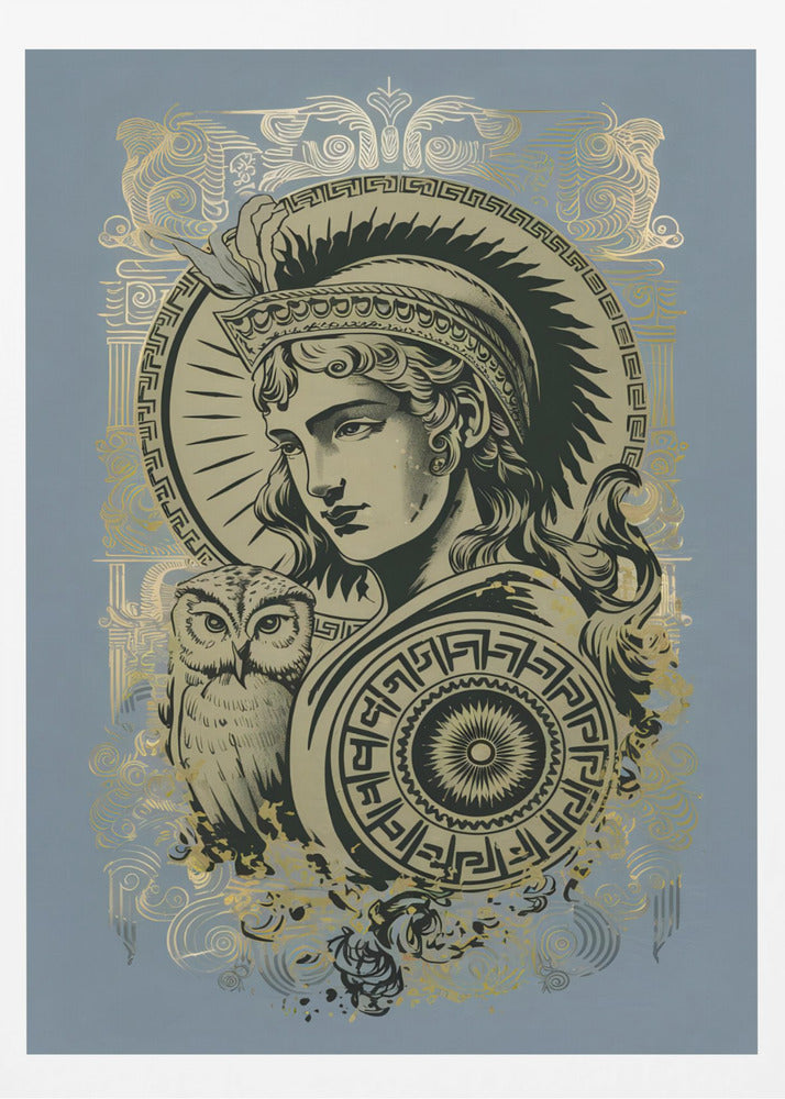 A stylized graphic illustration of the Greek goddess Athena against a muted blue background. Rendered in black and gold, she wears a plumed helmet and holds a patterned shield, with her symbolic owl perched beside her. Print