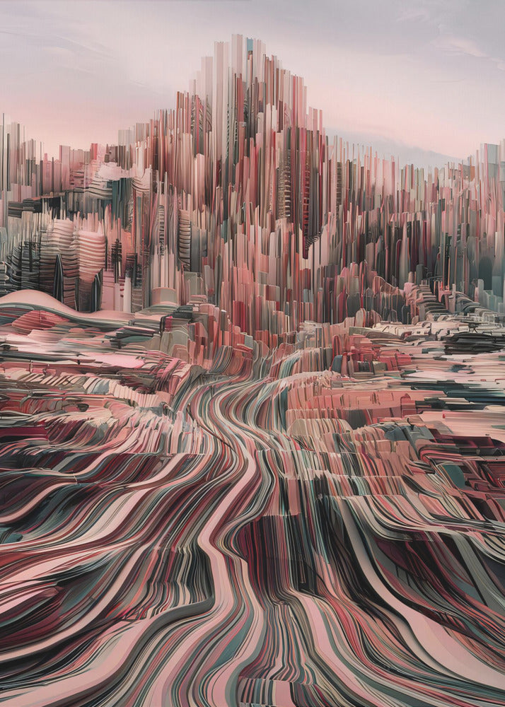 An abstract art print depicting a city skyline with geometric shapes and a modern color palette. Poster