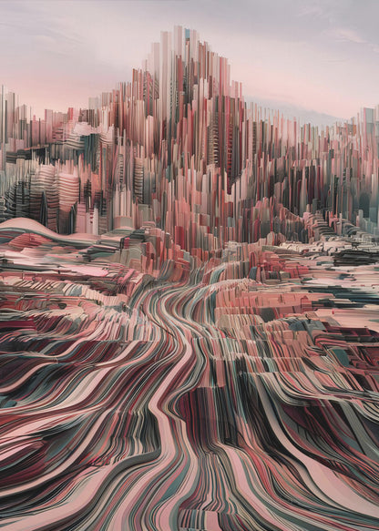 An abstract art print depicting a city skyline with geometric shapes and a modern color palette. Poster