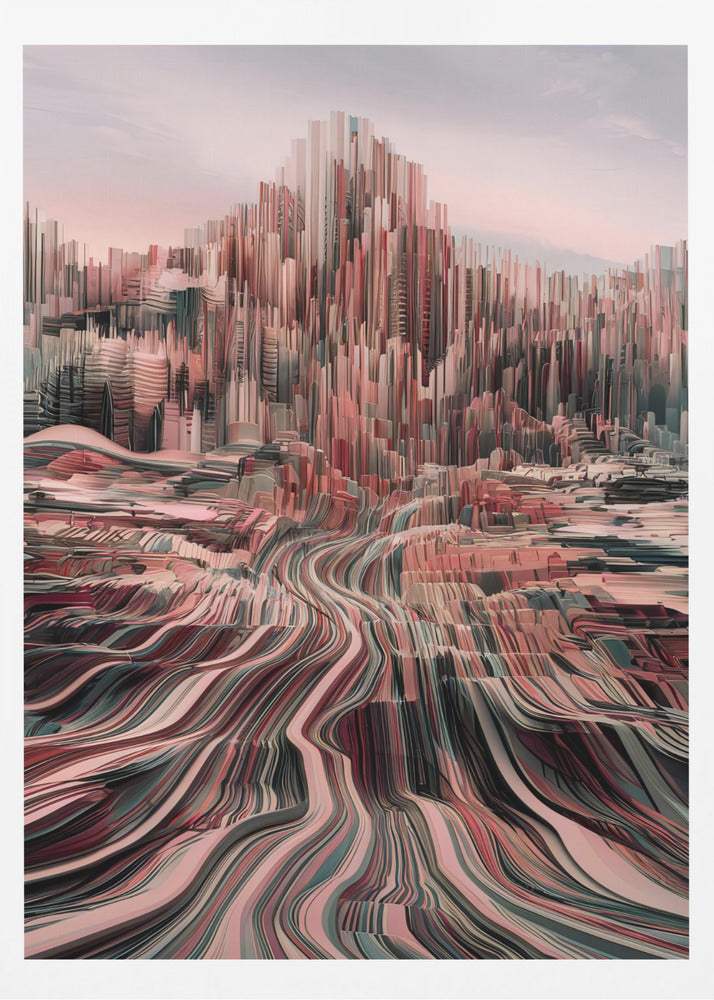An abstract art print depicting a city skyline with geometric shapes and a modern color palette. Poster