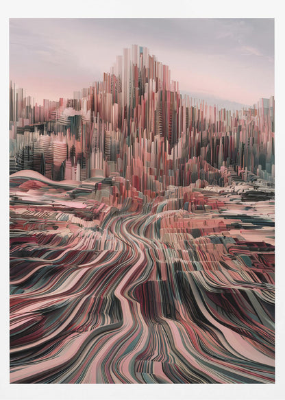 An abstract art print depicting a city skyline with geometric shapes and a modern color palette. Poster
