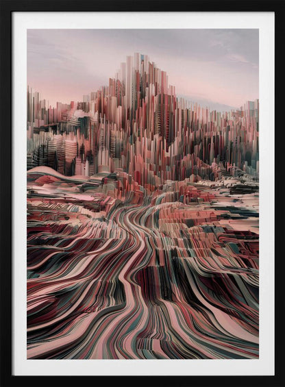 An abstract art print depicting a city skyline with geometric shapes and a modern color palette. Poster