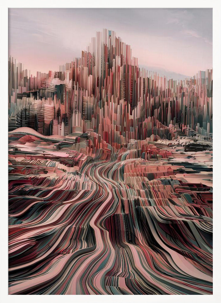 An abstract art print depicting a city skyline with geometric shapes and a modern color palette. Poster
