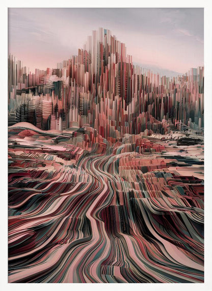 An abstract art print depicting a city skyline with geometric shapes and a modern color palette. Poster