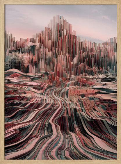 An abstract art print depicting a city skyline with geometric shapes and a modern color palette. Poster