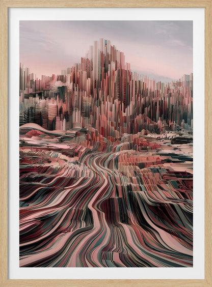 An abstract art print depicting a city skyline with geometric shapes and a modern color palette. Poster