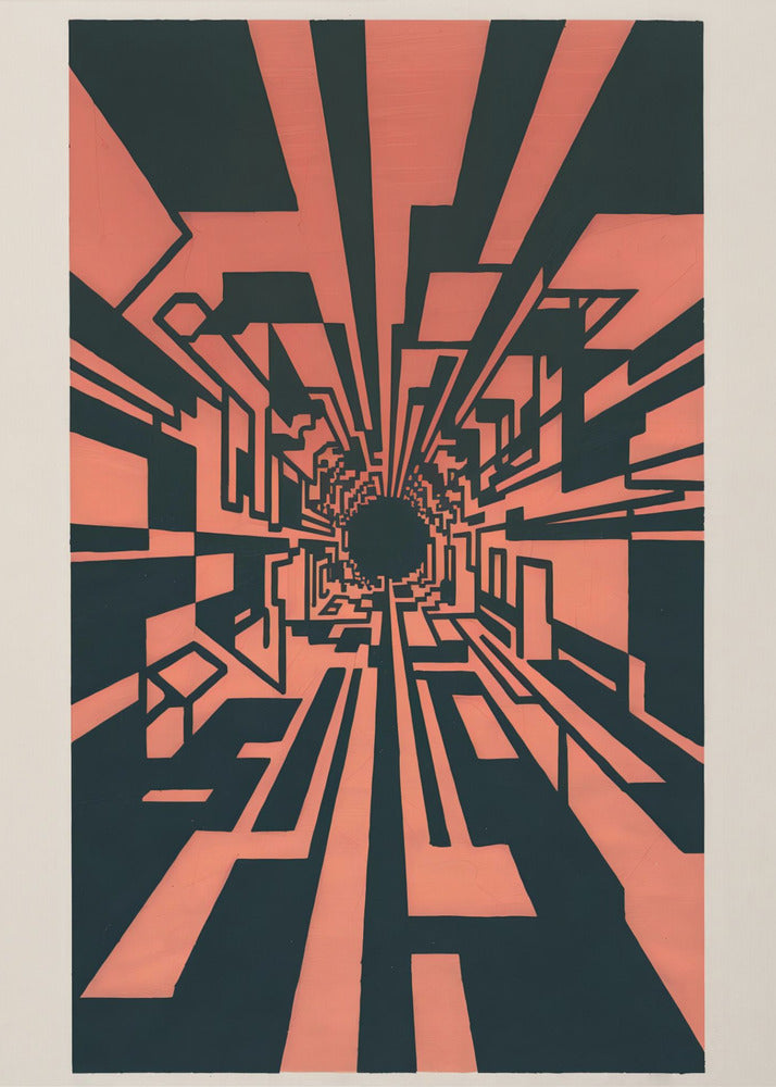 A high-contrast abstract artwork in coral pink and black, depicting a one-point perspective view down a complex geometric tunnel. Angular, blocky shapes create a futuristic corridor that recedes into a dark, circular vanishing point in the center, giving a strong sense of depth and motion. The piece is matted in white and framed in black. Print