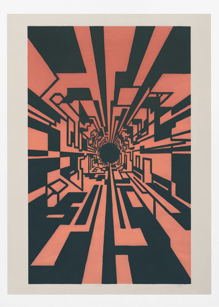 A high-contrast abstract artwork in coral pink and black, depicting a one-point perspective view down a complex geometric tunnel. Angular, blocky shapes create a futuristic corridor that recedes into a dark, circular vanishing point in the center, giving a strong sense of depth and motion. The piece is matted in white and framed in black. Print
